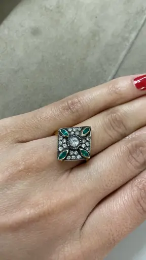 Armanak Usta Yapımı Pırlanta Ve Zümrüt Taşlı Markiz Yüzük