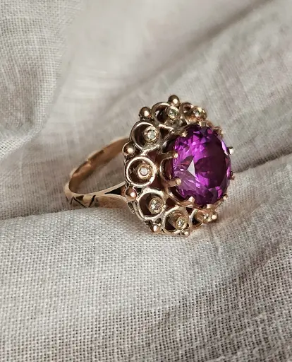 Vintage Tasarım Ametist Ve Pırlanta Taşlı Kafes Yüzük 