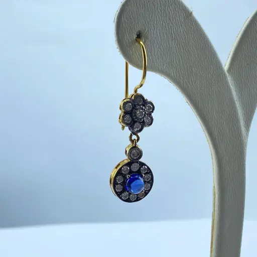 Armanak Usta Yapımı Pırlanta ve Safir Taşlı Sallantılı Öznekli Küpe