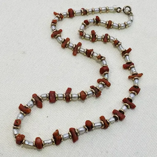 Antika Doğal Mercan ve Bahreyn İncili El İşi Kolye 39 Cm Uzunluğunda 