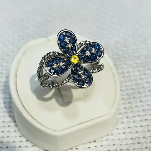 Pırlanta, Safir ve Citrin Taşlı Çiçek Modeli Yüzük