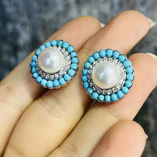 Pırlanta ve Firuze Taşlı İncili Küpe