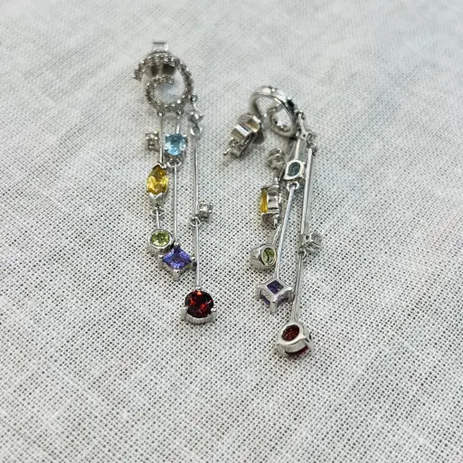 Pırlanta, Aquamarin, Yeşim, Citrin, Ametist, Garnet Taşlı Tasarım Sallantılı Küpe