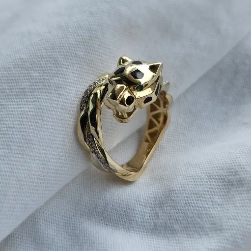 ​14 Ayar Altın Mineli Panter/Leopar Başlı Yüzük - Yeşil Gözlü ve Taş Detaylı Özel Tasarım