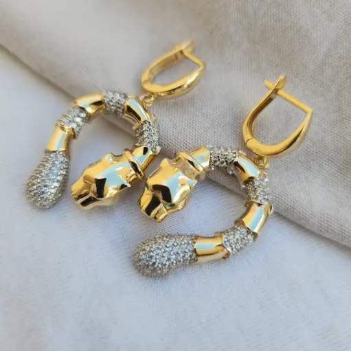 14 Ayar Altın Kaplan/Leopar Tasarım Küpe - Swarovski Taşlı Eklemli Sallantılı Küpe